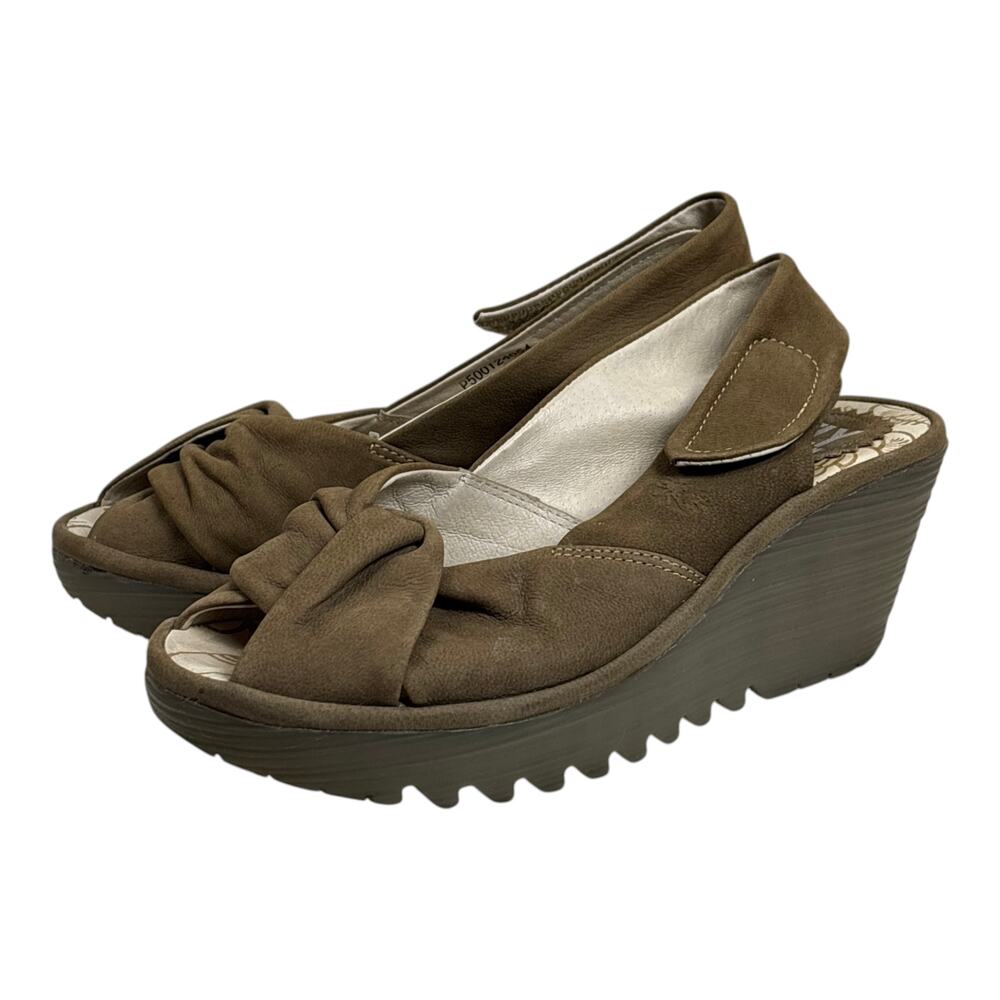Fly London brown leather wedge sandals with peep toe, knotted front detail, slin